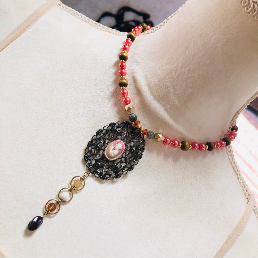 Handcrafted repurpose filigree cameo pendant beaded necklace